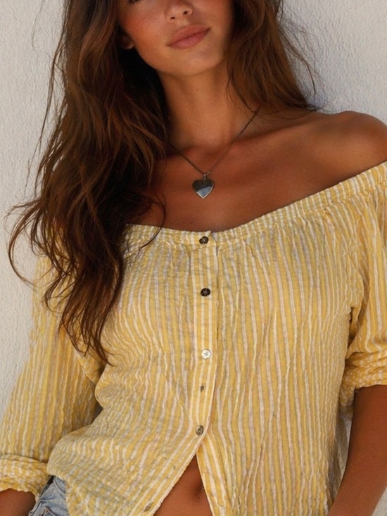 MICHAEL Michael Kors Tops - MICHAEL Michael Kors Yellow Striped Off the Shoulder Blouse